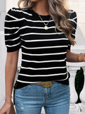 Devine Striped Round Neck Puff Sleeve Knit Top