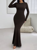 Devine Backless Round Neck Long Sleeve Maxi Dress