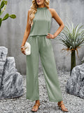 Devine Grecian Neck Sleeveless Pocketed Top and Pants Set