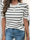 Devine Striped Round Neck Puff Sleeve Knit Top