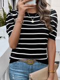 Devine Striped Round Neck Puff Sleeve Knit Top